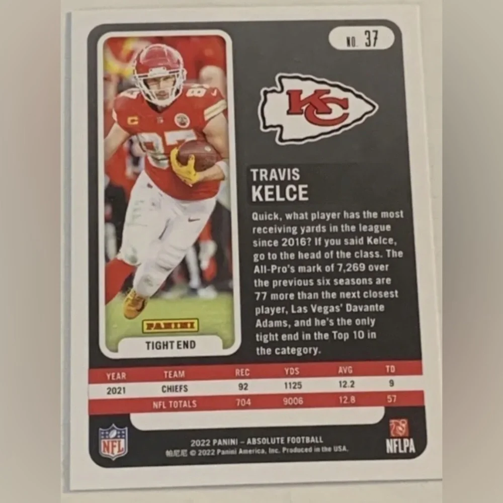 🏈 2022 Panini Absolute #37 Travis Kelce Kansas City Chiefs Football Card - Picture 2 of 4